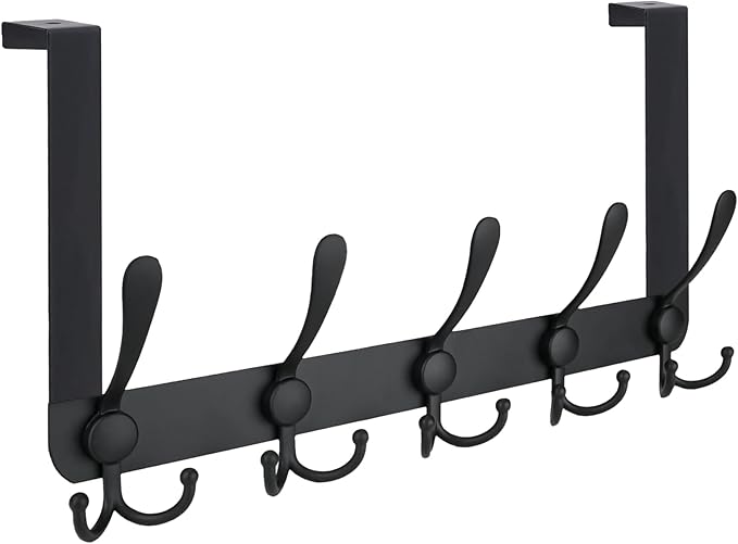 TICONN Over The Door Hooks, 5 Heavy Duty Tri Coat Rack All Metal Coat Hanger for Bathroom Bedroom Dorm (Matte Black, 1PK, Fit
