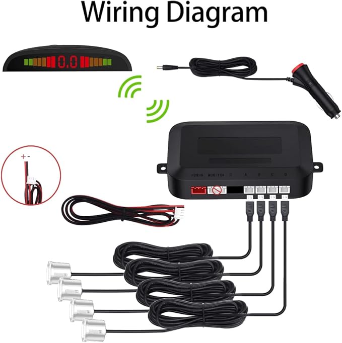 Cordless Parking Sensor, Reverse Radar System with 4 Car Backup Sensors, LED Distance Display with Sound Warning + 4 White Parking Sensors for Cars, Vans, RVs, and Trailers
