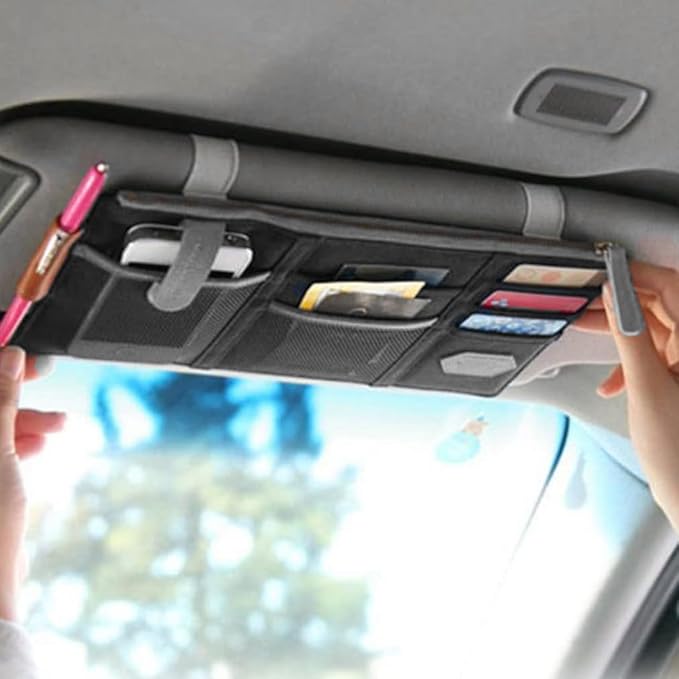 Unifizz Car Sun Visor Organizer, Auto Travel Registration and Document Holder, Vehicle Visor Multi-Pocket Storage Pouch with Net Zipper, Automotive Interior Accessories for Car, Truck, SUV (Gray)