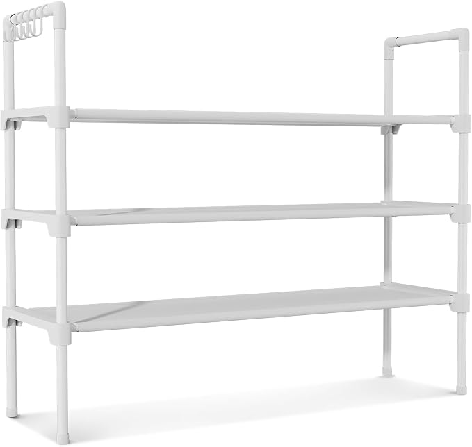LANTEFUL 3 Tier Shoe Rack for Closet, Shoe Organizer with 5 Hooks, Long Shoe Shelf Storage for Shoe and Boot Stackable Free S