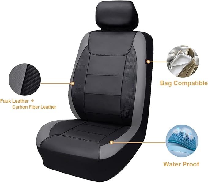 Flying Banner car seat Covers Protects Water Proof Faux Leather Carbon Fiber Front and Rear Bench (Gray Black, Full Set - 9PC