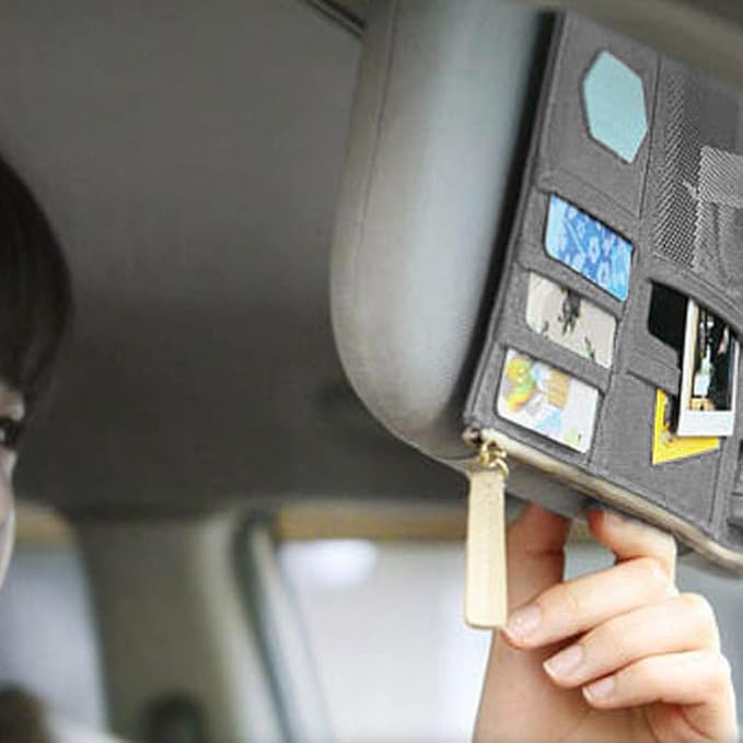 Unifizz Car Sun Visor Organizer, Auto Travel Registration and Document Holder, Vehicle Visor Multi-Pocket Storage Pouch with Net Zipper, Automotive Interior Accessories for Car, Truck, SUV (Gray)