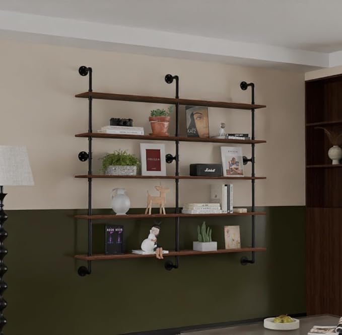 Industrial Pipe Shelf Shelving Bookcase, Wall Mounted Rustic Bookshelf 60 Inch, Floating Bookshelves for Wall,Retro Wood Meta
