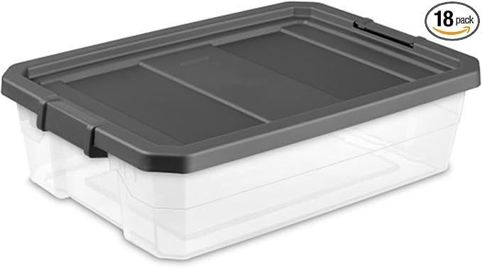 Sterilite 18-Pack Modular Stacker Box, Durable Clear Plastic Storage Bins with Latching Lids, 40 Quart - Stackable Organizing