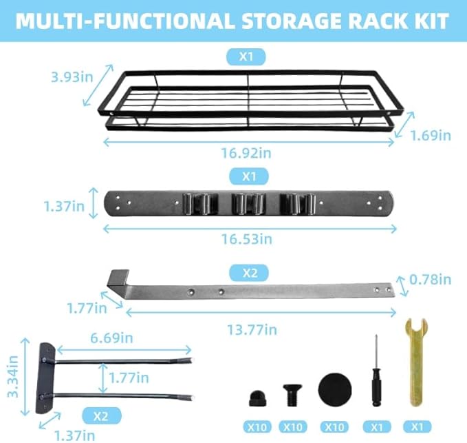 Broom Holder Door Mount,Door Mounted Broom and Mop Holder with Dual Tool Hooks, Three Slots, and One Tool Storage Basket For 