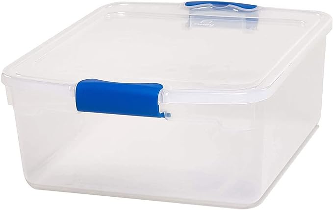 HOMZ 4-Pack 15.5 Quart Latching Lid, Clear Plastic Storage Organizer Bins, Blue – Stackable Containers for Home & Office Shel