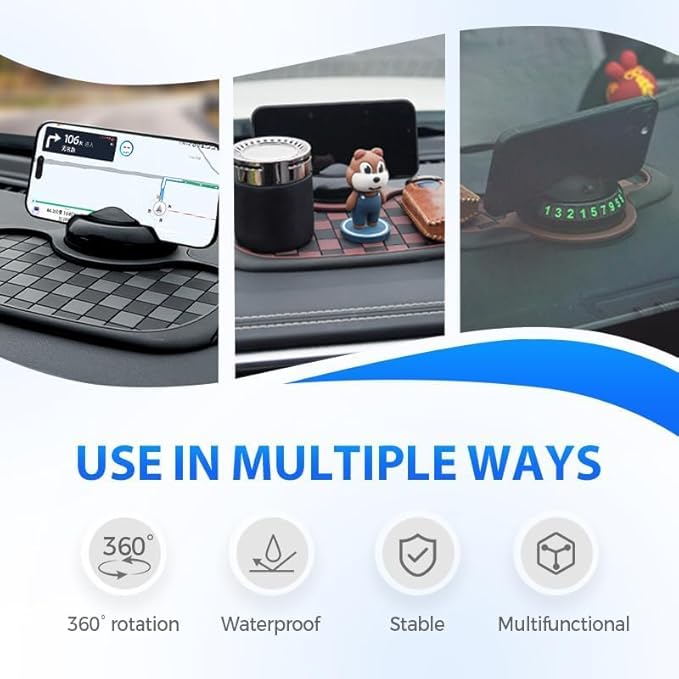 Car Dashboard Mat Non Slip 360° Rotating Phone Holder, Universal Anti Skid Pad with Temporary Parking Number Display, Multifu