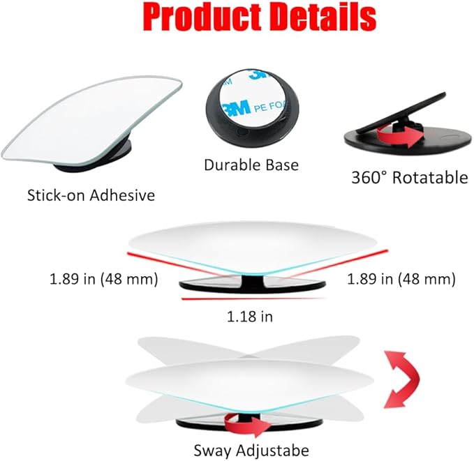 Ampper Blind Spot Mirror Fan Shaped, HD Glass Frameless Stick on Adjustabe Few Convex Wide Angle Rear View Blind Spot Car Mirror for Car Blind Spot, Pack of 4