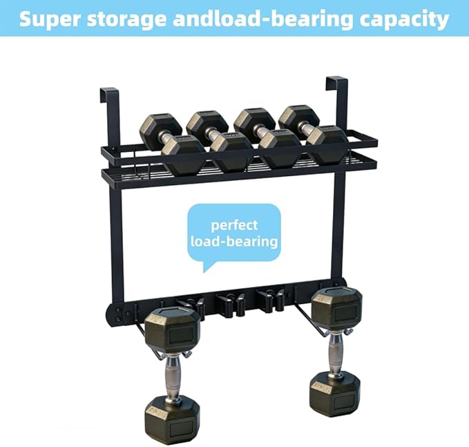 Broom Holder Door Mount,Door Mounted Broom and Mop Holder with Dual Tool Hooks, Three Slots, and One Tool Storage Basket For 