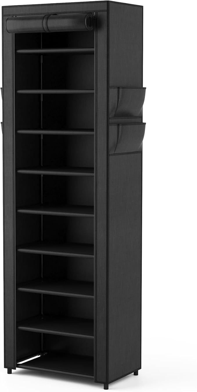 VILICK Shoe Rack with Cover Narrow Shoe Organizer with 4 Side Pockets 10 Tier Tall Shoe Storage Holds 18-22 Pairs Shoes and B