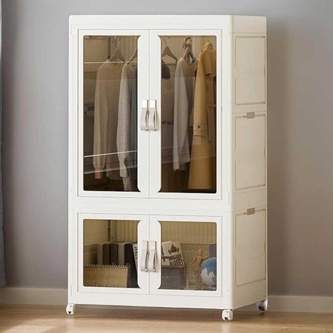 Stackable Storage Bins with Lids, Portable Closet Storage Organizer with Door, Hanging Rod & Wheels, Foldable Wardrobe Closet