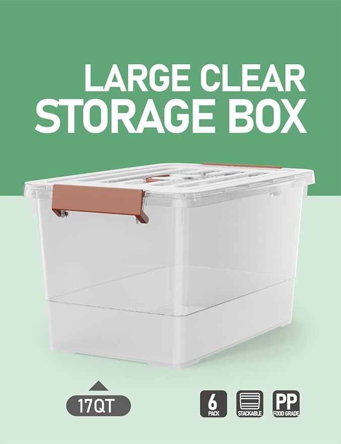 WYT 6 Pack 17qt Clear Plastic Storage Bin with Lid and Latching Buckles, Stackable Tote Organizing Box with Handle