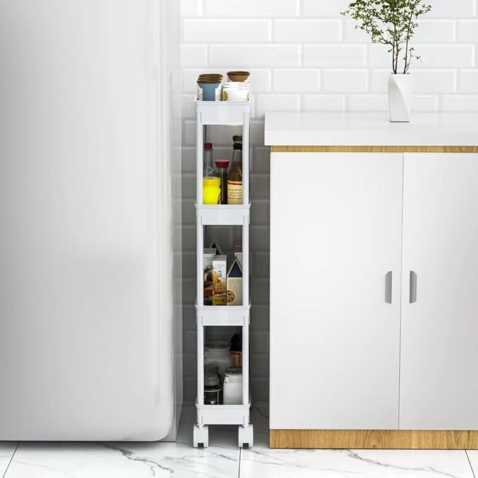 Sooyee 4 Tier Slim Storage Cart Mobile Shelving Unit Organizer Slide Out Storage Rolling Utility Cart Tower Rack for Kitchen 