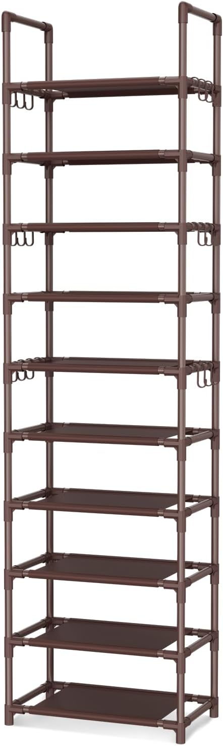 VTRIN 10 Tiers Tall Shoe Rack Holds 20-25 Pairs of Shoes Sturdy Vertical Shoe Organizer with 18pcs Hooks Stackable Narrow Sho