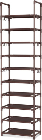 VTRIN 10 Tiers Tall Shoe Rack Holds 20-25 Pairs of Shoes Sturdy Vertical Shoe Organizer with 18pcs Hooks Stackable Narrow Sho