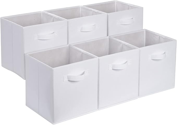 Amazon Basics Collapsible Fabric Storage Cubes Organizer with Handles, Sturdy Storage Bins, White, 10.5-x-10.5-x-11-inch, 6-P
