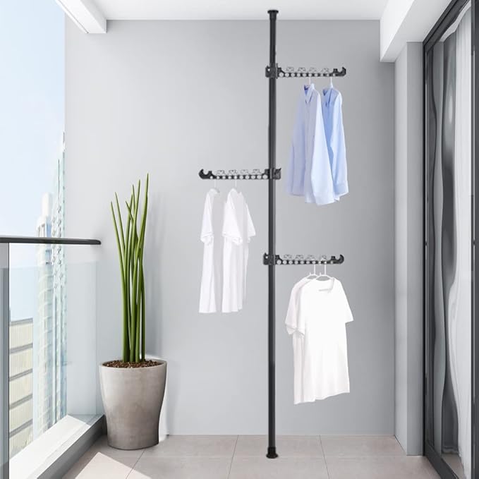 Hershii Telescopic Clothing Rack for Hanging Clothes Laundry Tension Pole 4 Tiers Coat Tree Garment Drying Stand Floor to Cei