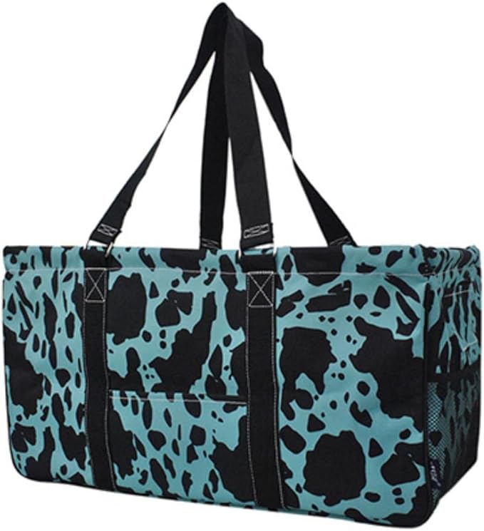 NGIL Extra Large Utility Tote Reusable Grocery Bag Oversized Collapsible for Groceries, Storage, Picnic, Beach (Cow Turquoise- Turquoise)