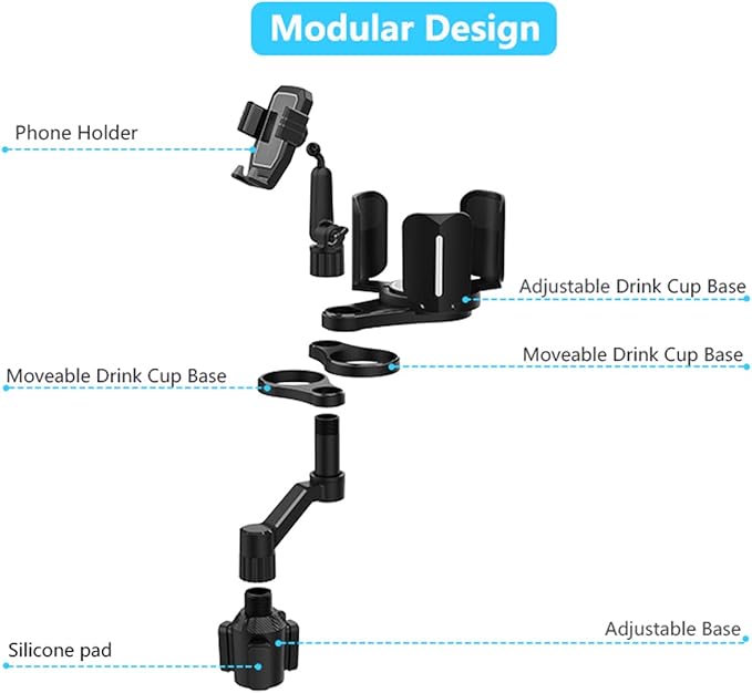 4-in-1 Car Expander with Dual Cup Holder, Phone Holder, 360 Adjustable Base, All Purpose Organizer for Snack Bottles, Drinks
