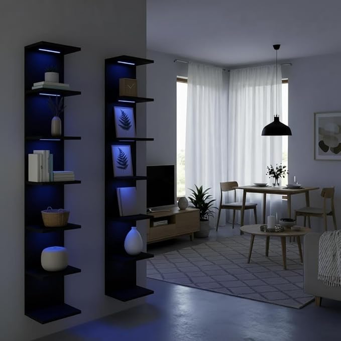 7 Tier Wall Shelves with RGB, Lack Wall Shelf Unit, Vertical Shelf with Remonte Control,Black Shelves
