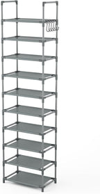 LANTEFUL 10 Tiers Tall Shoe Rack 20-25 Pairs Boots Organizer Storage Sturdy Narrow Shoe Shelf for Entryway, Closets with Hook