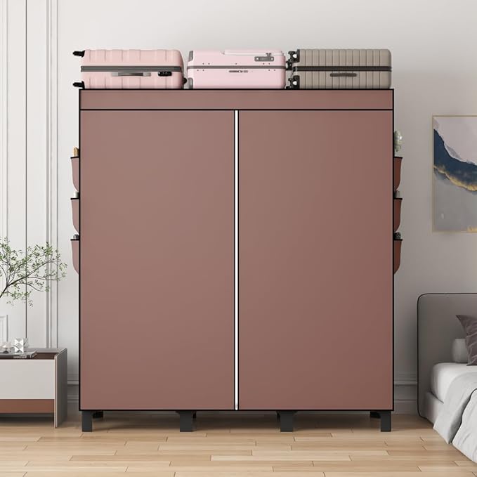 Portable Wardrobe, Easy Hanging Closet 6 Side Pockets Large Capacity Clothes Organizer Comes with 2 Hanging Poles and Storage