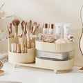 Ivory Rotating Vanity Organizer with Drawer & Brush Holder - 3 Layer Cosmetic Skincare & Perfume Storage - Countertop Makeup 