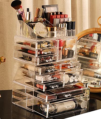Cq acrylic Clear Makeup Storage Organizer Drawers Skin Care Large Cosmetic Display Cases Stackable Storage Box With 11 Drawer