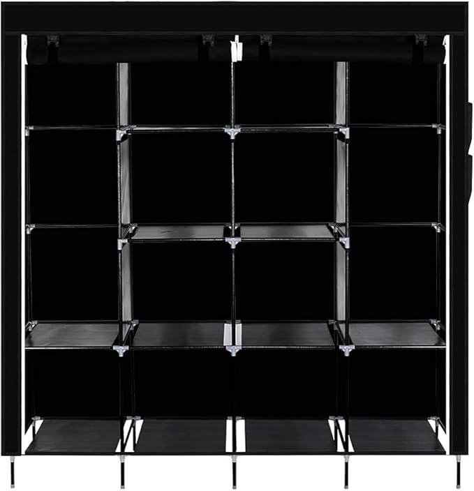Karlhome 4-Tiers 12 Compartment Canvas Wardrobe, Portable Fabric With Shelves and Cover for Hanging Clothes, Clothes Rail Wit