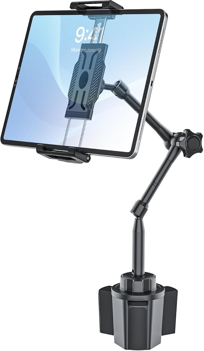 Car Tablet Holder for Cup Holder, Metal Long Arm 360° Rotation Tablet Mount for Truck Golf Treadmill, Fit Thickness Case (Deep Max 1.18'') for iPad Pro/Air/Mini, Galaxy Tab & 6.1-15.6" Devices