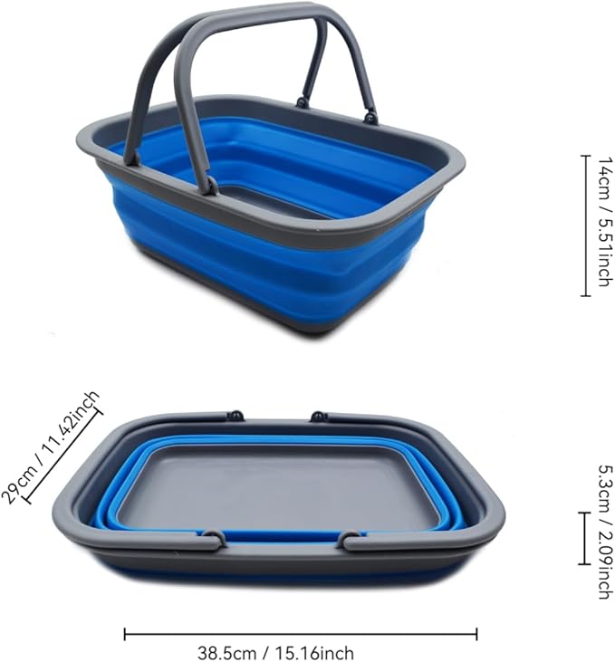 SAMMART 9.2L (2.37Gallon) Collapsible Tub with Handle - Portable Outdoor Picnic Basket/Crater - Foldable Shopping Bag - Space Saving Storage Container (1, Dark Grey/Blue)