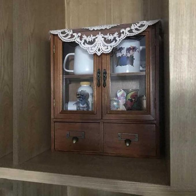 Rosetta Mini Countertop Country Vintage Locker, Wall-Mounted Wood Display with Organic Glass Door, Food Storage, 2 Bottom Dra