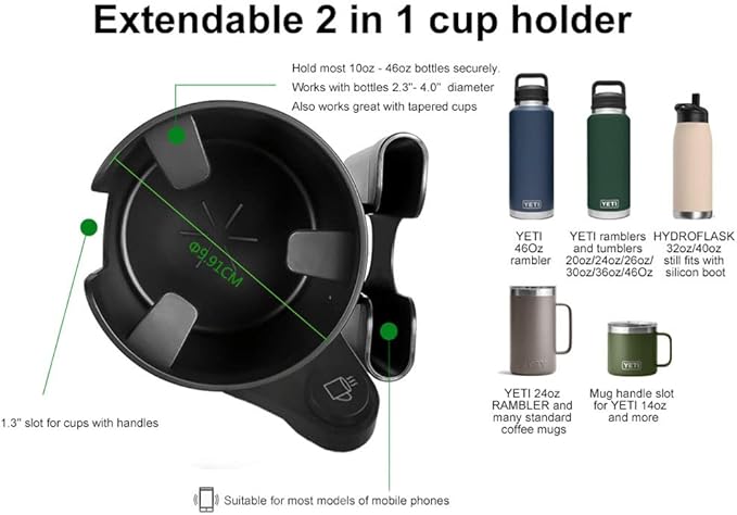 Cup Holder Expander, Adjustable Car Cup Holder for Car with Phone Holder, Automotive Cupholders for for Yeti, Hydro Flasks Bottle with Expandable Base, Cars Cupholder Insert