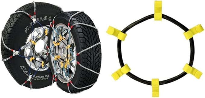 SCC Super Z6 Cable Tire Chain for Cars, Pickups, and SUVs - Set of 2 & SCC Tire Traction Chain Rubber Tightener - Set of 2