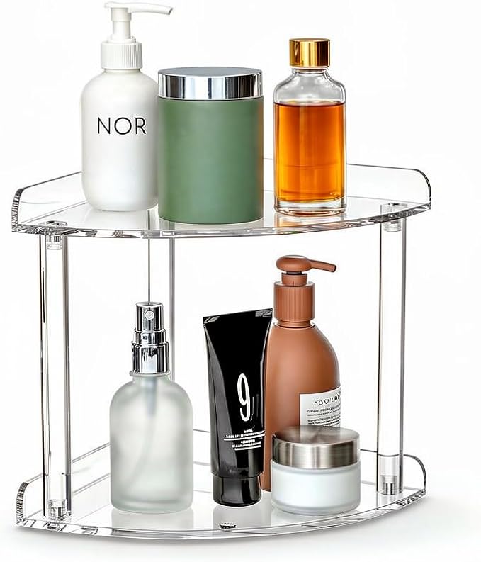 2 Tier Clear Acrylic Bathroom Corner Organizer, Countertop Vanity Tray for Makeup, Cosmetics, Perfume - Freestanding Storage 
