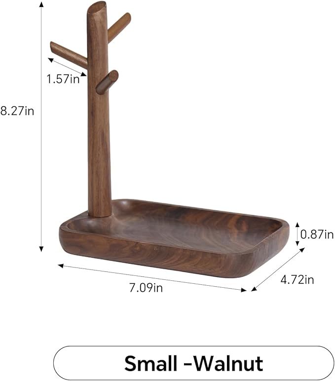 Black Walnut Solid Wood Key Dish Bowl for Entryway Table Square Tray With 3 Hooks, Open Storage for Keys, Wallet, Jewelry (Wa