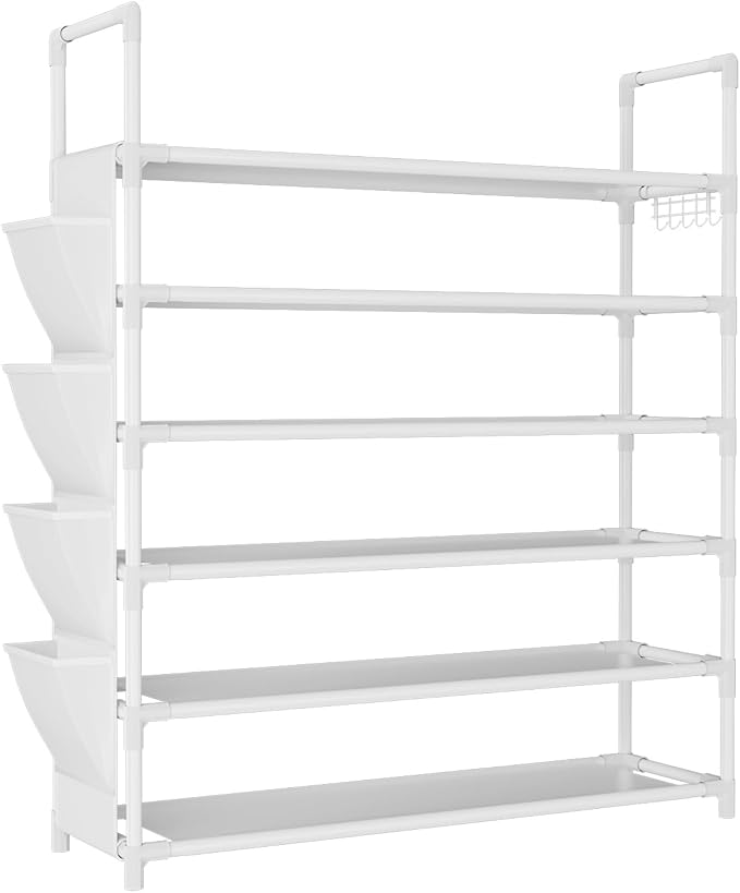 LANTEFUL 6 Tier Shoe Rack Storage for 24-30 Pairs Shoe and Boot, Shoe Organizer with Hook and Side Pocket Free Standing Long 