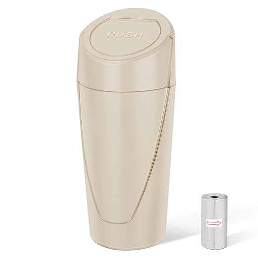 Car Trash Can, Mini Car Trash Bin with Lid, Leakproof Cup Holder Car Garbage Can with 20 Trash Bags, Vehicle Front Back Seat Organizers and Storage for Car, Home, Office, Beige