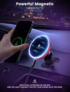 MOKPR for Magsafe Car Mount Charger-15W Wireless Car Charger-Magnetic Car Phone Holder for Dash Air Vent-LED RGB HandsFree Car Mount Fast Car Charger for iPhone 16 15/14/13/12 Series RED