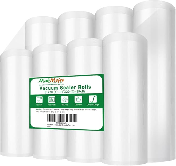 MakMeFre 8 Pack 8"x20'(4Rolls) and 11"x20' (4Rolls) Vacuum Sealer Bags Rolls for Food,Commercial Grade, BPA Free,Puncture Pre