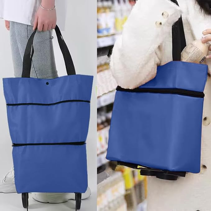 Collapsible Shopping Grocery Bag with Wheels Rolling Tote Bag with Wheels Large Reusable Shopping Bags Foldable Cart(Blue,Large)