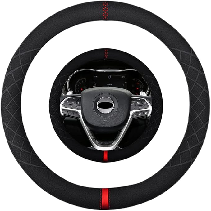 Suede Steering Wheel Cover,Compatible with Jeep Compass Patriot Wrangler Liberty Grand Cherokee Suede Sport Non-Slip Wheel Cover Car Interior Accessories 15.5 16 inch for Man and Women