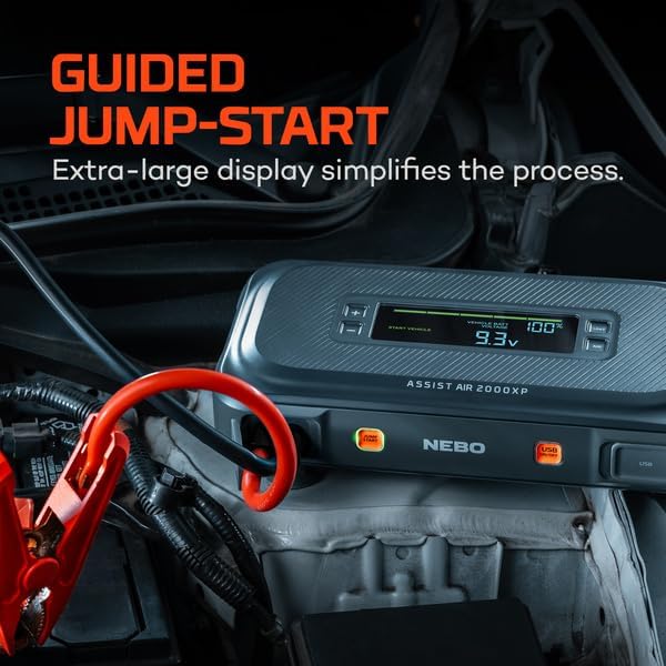 NEBO Assist Air 2000XP Jump Starter and Air Compressor | 55.5Wh Power Supply Box Restarts 12V Battery Vehicles, 150 PSI Air