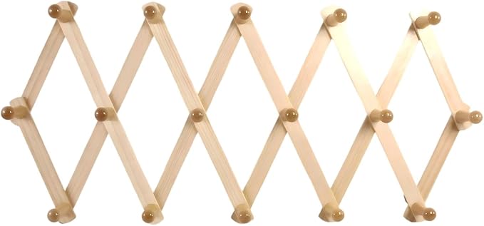 AMAPON Accordion Style Expandable Wall Wooden Coat Rack 16 Hooks (Pegs) Hang Hats Jackets Coffee Mug Purses Necklaces Towels 