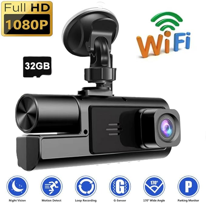 WiFi 1080P 3 Channel Dash Camera for Car Front and Inside Dashcam Car Security Video Recorder,170°Wide Angle Vehicle Cam,WDR,