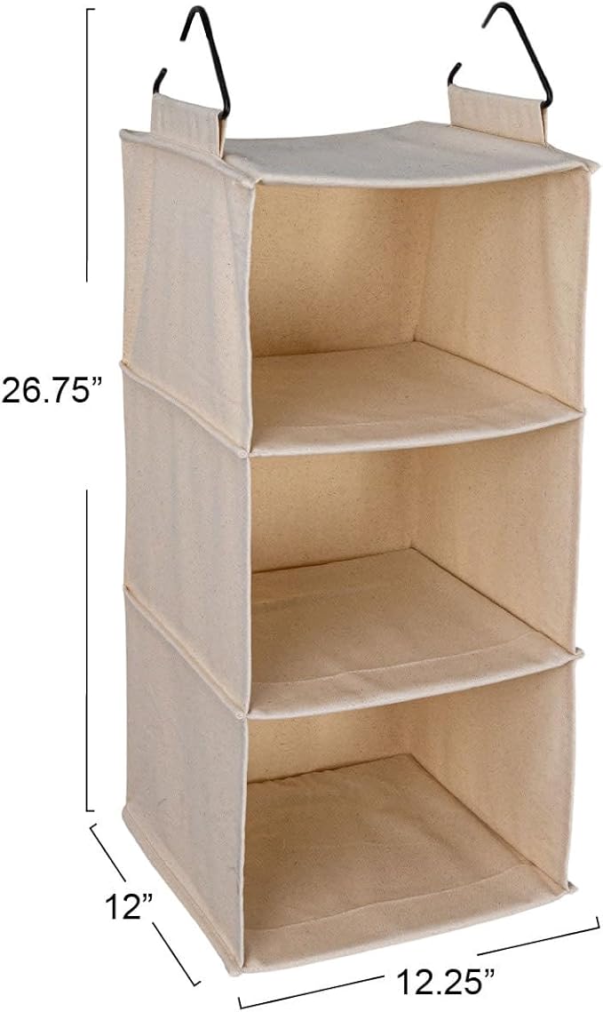 Household Essentials Cedarline 3-Shelf Hanging Closet Organizer, Heavy-Duty Cotton Canvas, Natural
