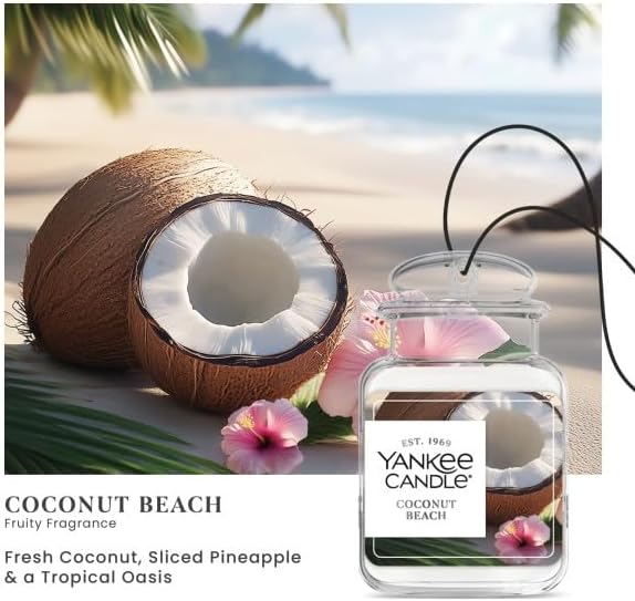 Yankee Candle Car Jar Ultimate, Coconut Beach, Hanging Automotive Air Freshener Odor Neutralizer for Long Lasting Tropical Sc