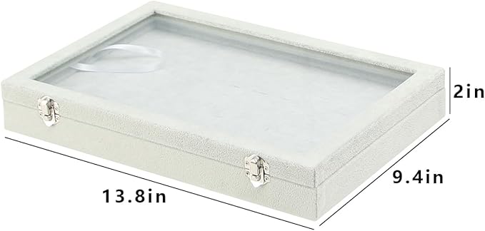 Coward Ring Organizer Jewelry Tray Box, Grey Beige Velvet 100 Slots Ring Display Tray Case with Transparent Glass Lid for Hom