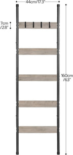 HOOBRO Blanket Ladder, 5-Tier Towel Rack with Hooks, Wall-Leaning Blanket Rack, Decorative Display Ladder Shelf, Scarves, Ind