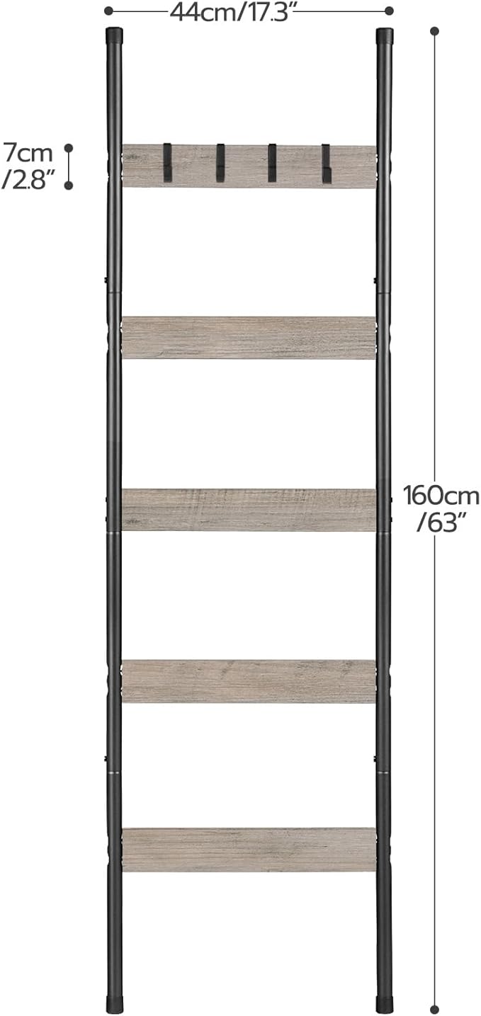 HOOBRO Blanket Ladder, 5-Tier Towel Rack with Hooks, Wall-Leaning Blanket Rack, Decorative Display Ladder Shelf, Scarves, Ind